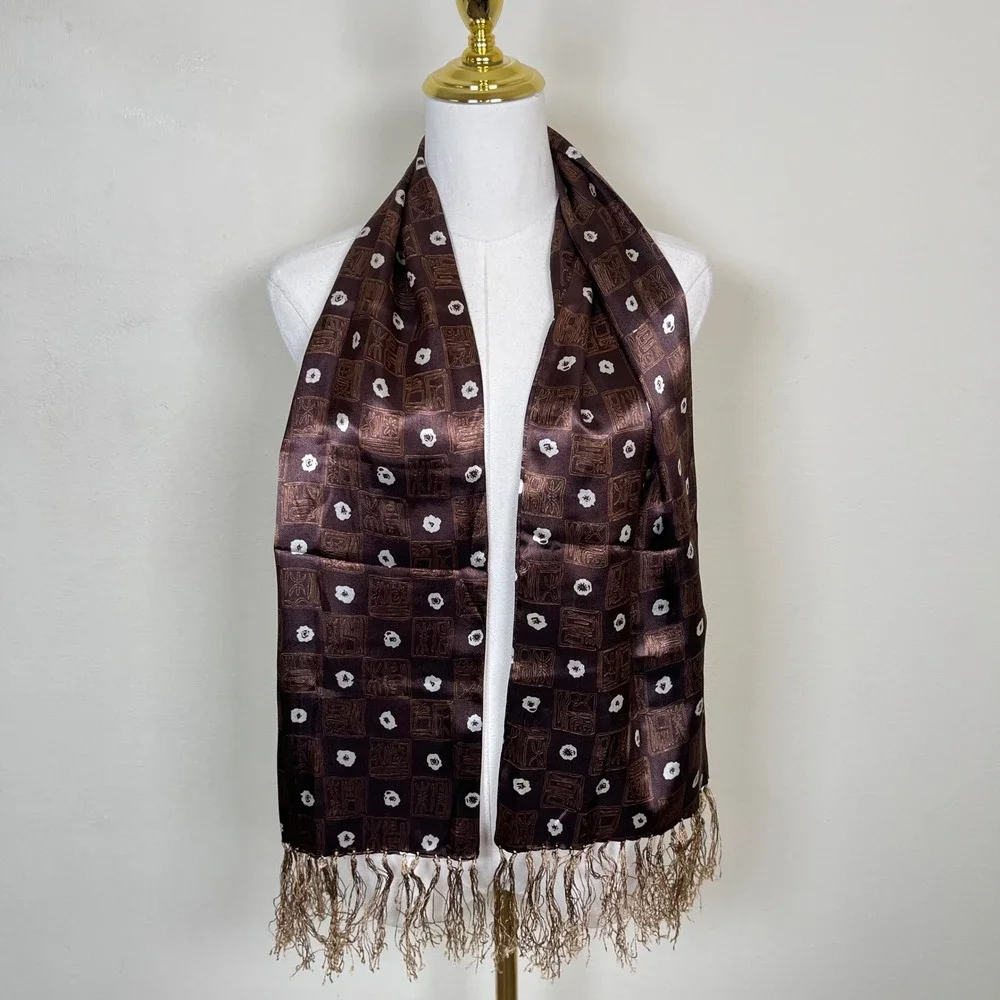 Vintage Silk Scarf Floral‎ Fringe Brown Satin Patterned Tiki 60s 70s Boho Mod